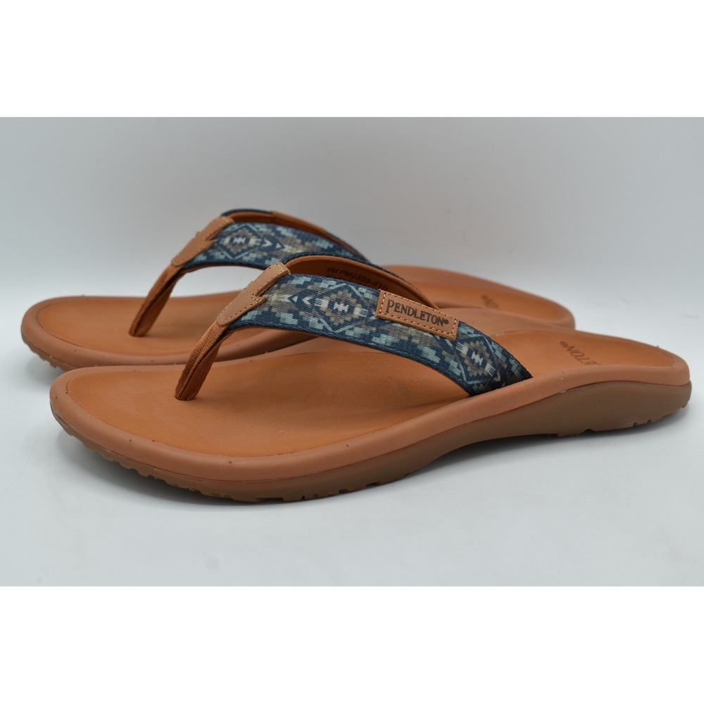 Pendleton Mens Size 12 Brown Blue Geometric Southwestern Flip Flop Sandals Shoes